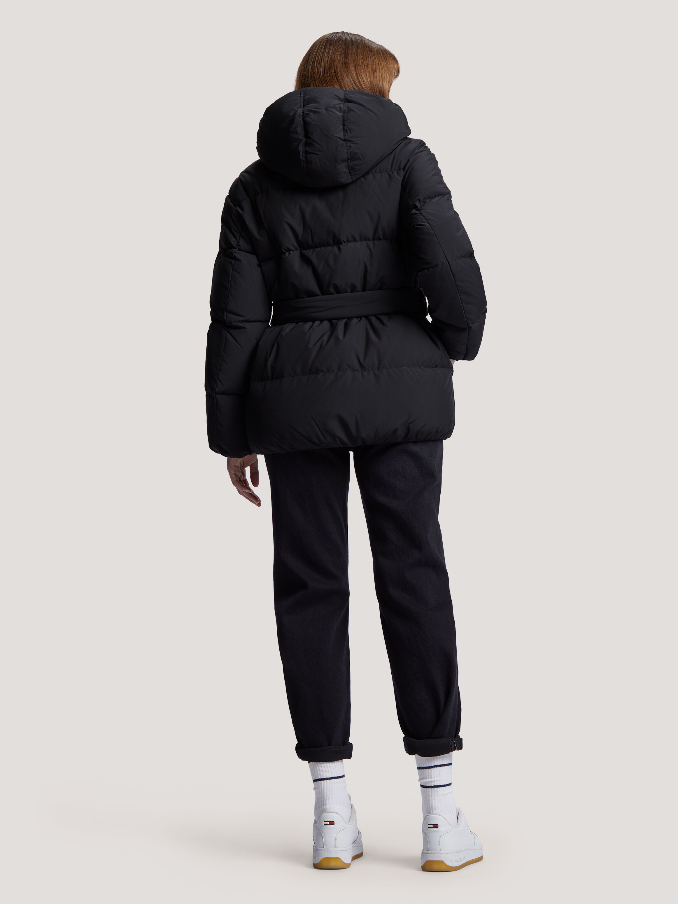 Puffer jacket with waist on sale belt