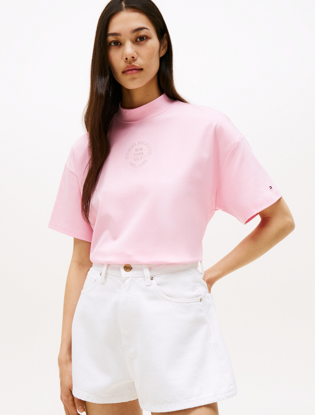 Stamp Print Relaxed Mock Neck T-Shirt, Classic Pink, hi-res