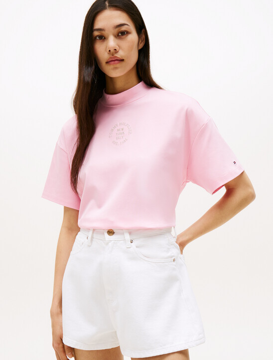 Stamp Print Relaxed Mock Neck T-Shirt