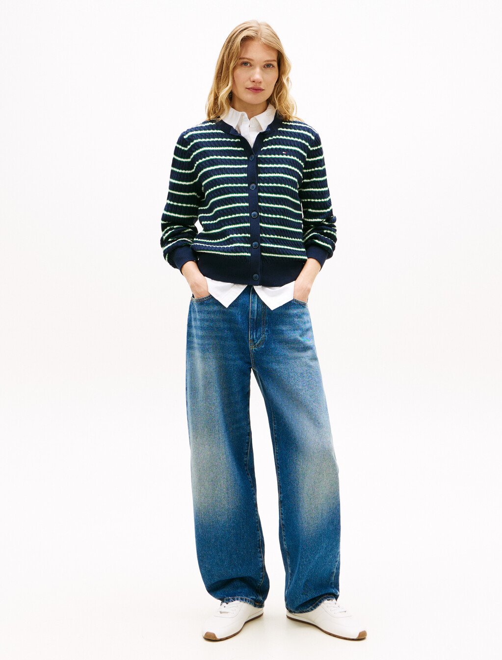 Fine Cable Knit Crew Neck Cardigan, Navy/Nouv Green/Calico Multi Stp, hi-res