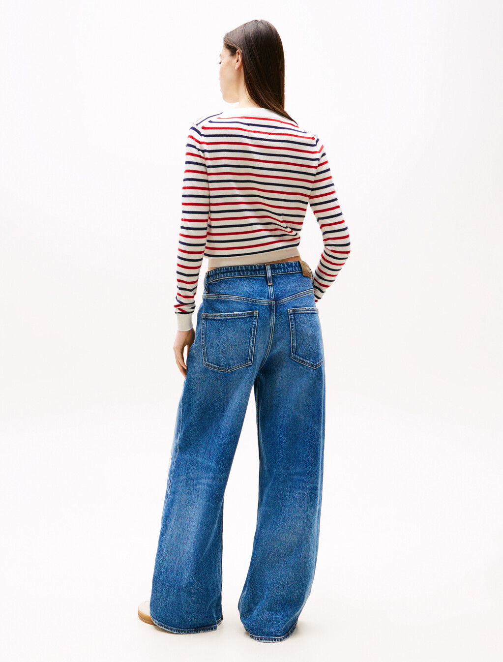 Essential Crewneck Cardigan, White / Red / Navy Stripe, hi-res