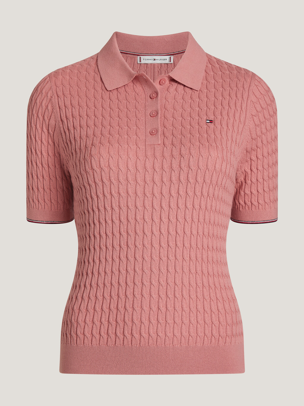 Cable Knit Slim Short Sleeve Polo Jumper, Teaberry Blossom, hi-res