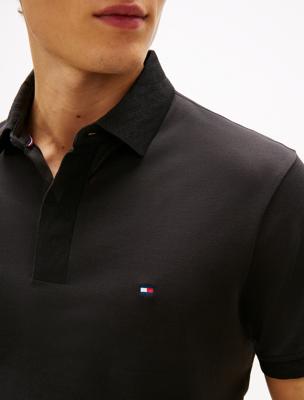 Regular Pique Jacquard Collar Polo Shirt, Black, hi-res