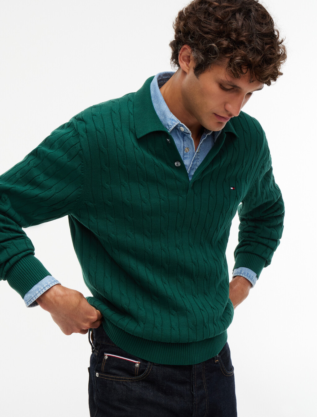 Cable Knit Polo Jumper, Ornamental Green, hi-res