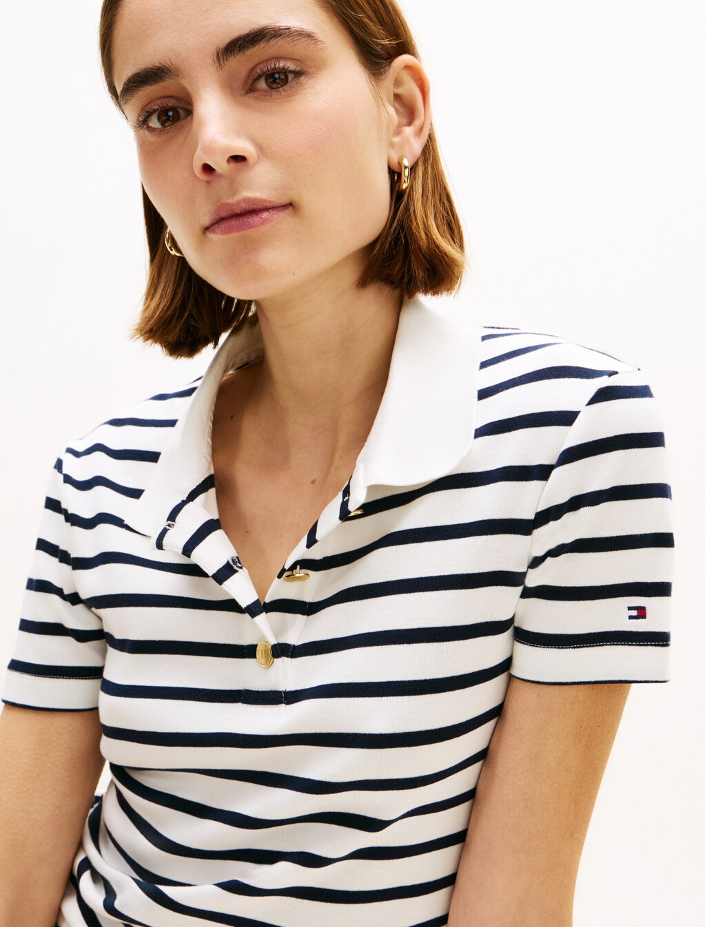 Slim Fit Gold-Tone Button Polo Shirt, Breton Stp Ecru/Dark Night Navy, hi-res