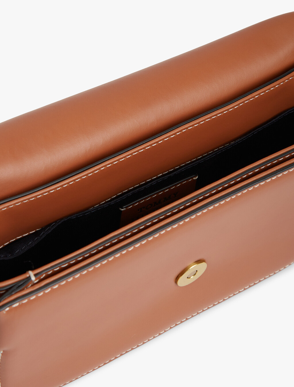 Leather Flap Logo Plaque Crossbody Bag, Cognac, hi-res