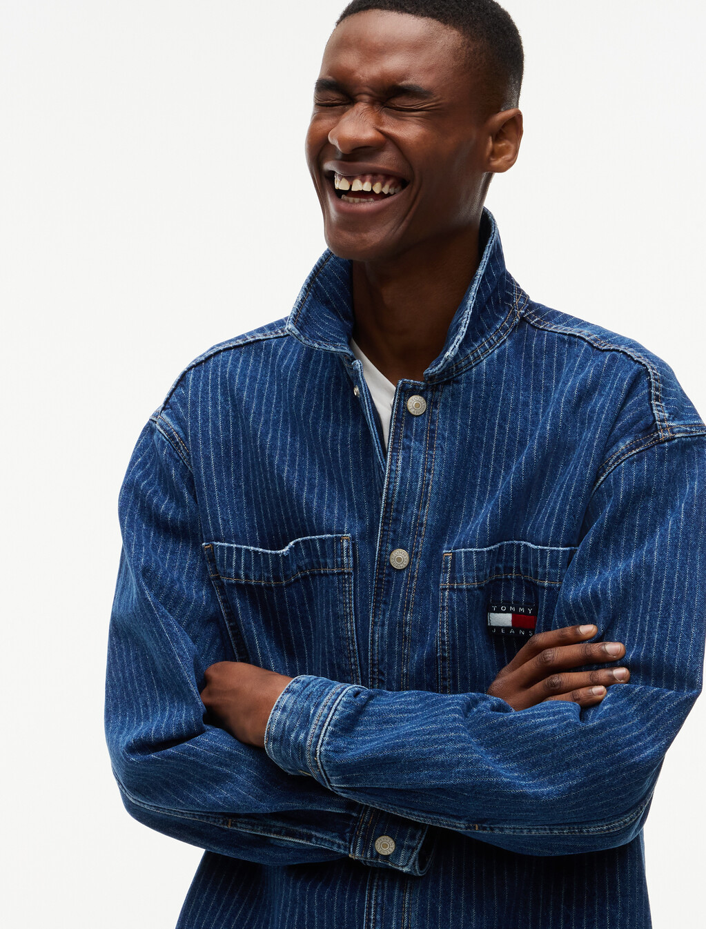 Stripe Relaxed Denim Shirt Jacket, Denim Dark, hi-res