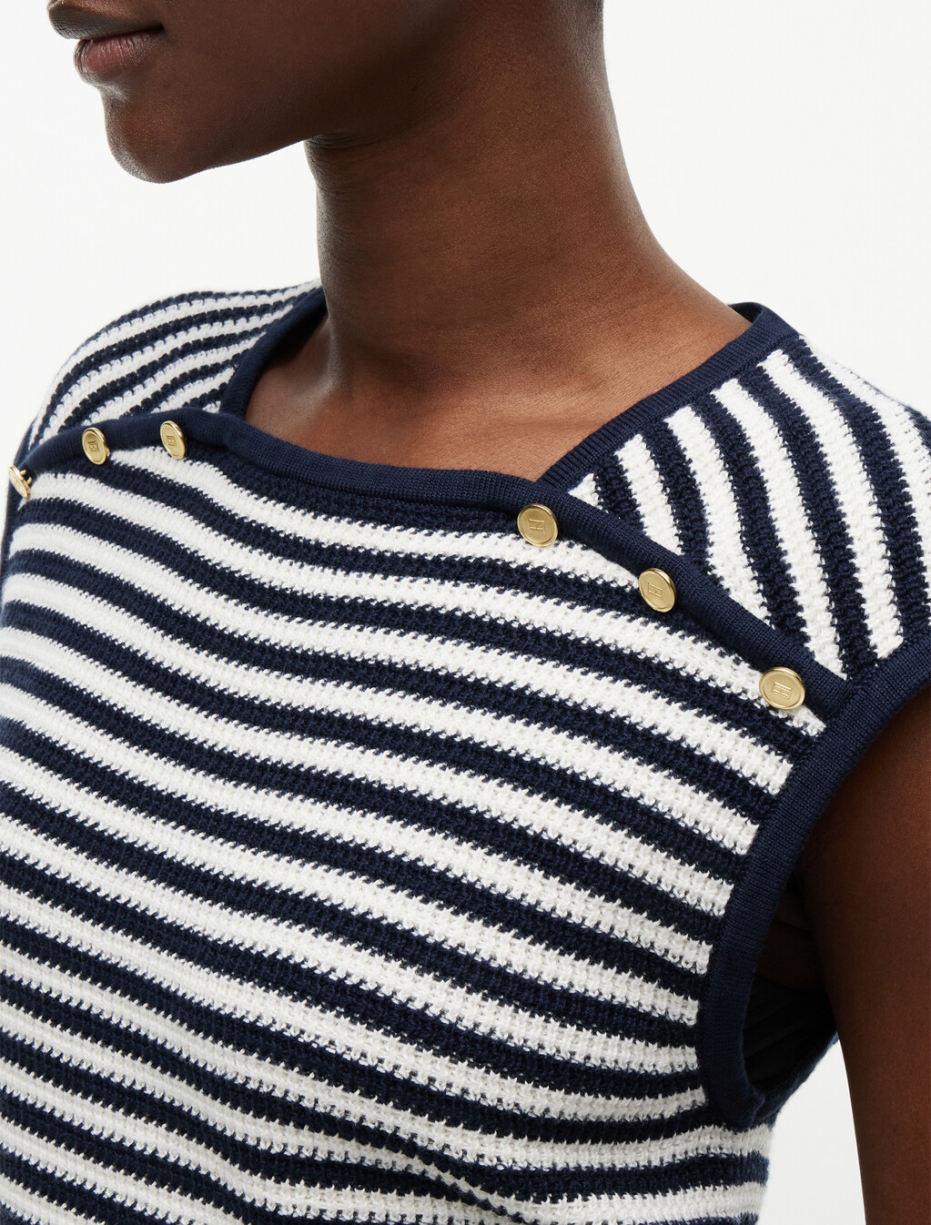 Gold-Tone Button Square Neck Top, Ivory Petal/Dark N Navy Stp, hi-res