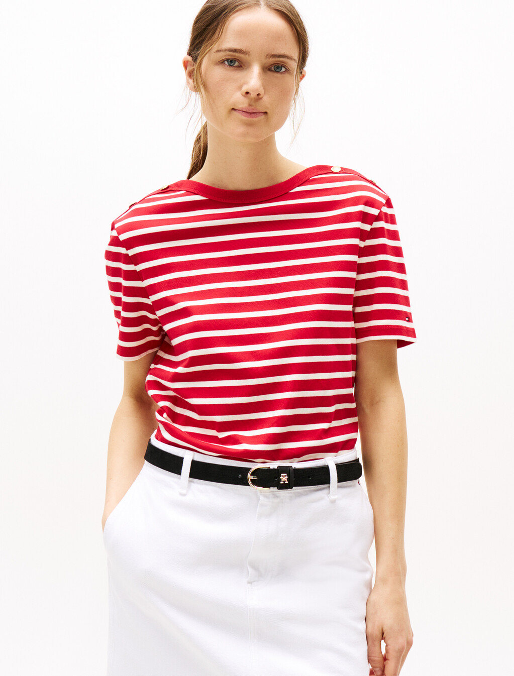 Stripe Boat Neck Relaxed T-Shirt, Primary Red/Calico Stp, hi-res