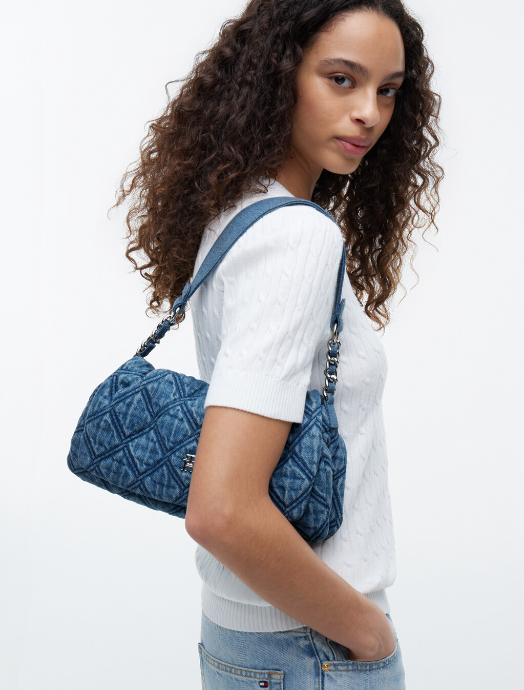 Quilted Denim TH Monogram Shoulder Bag, Denim, hi-res