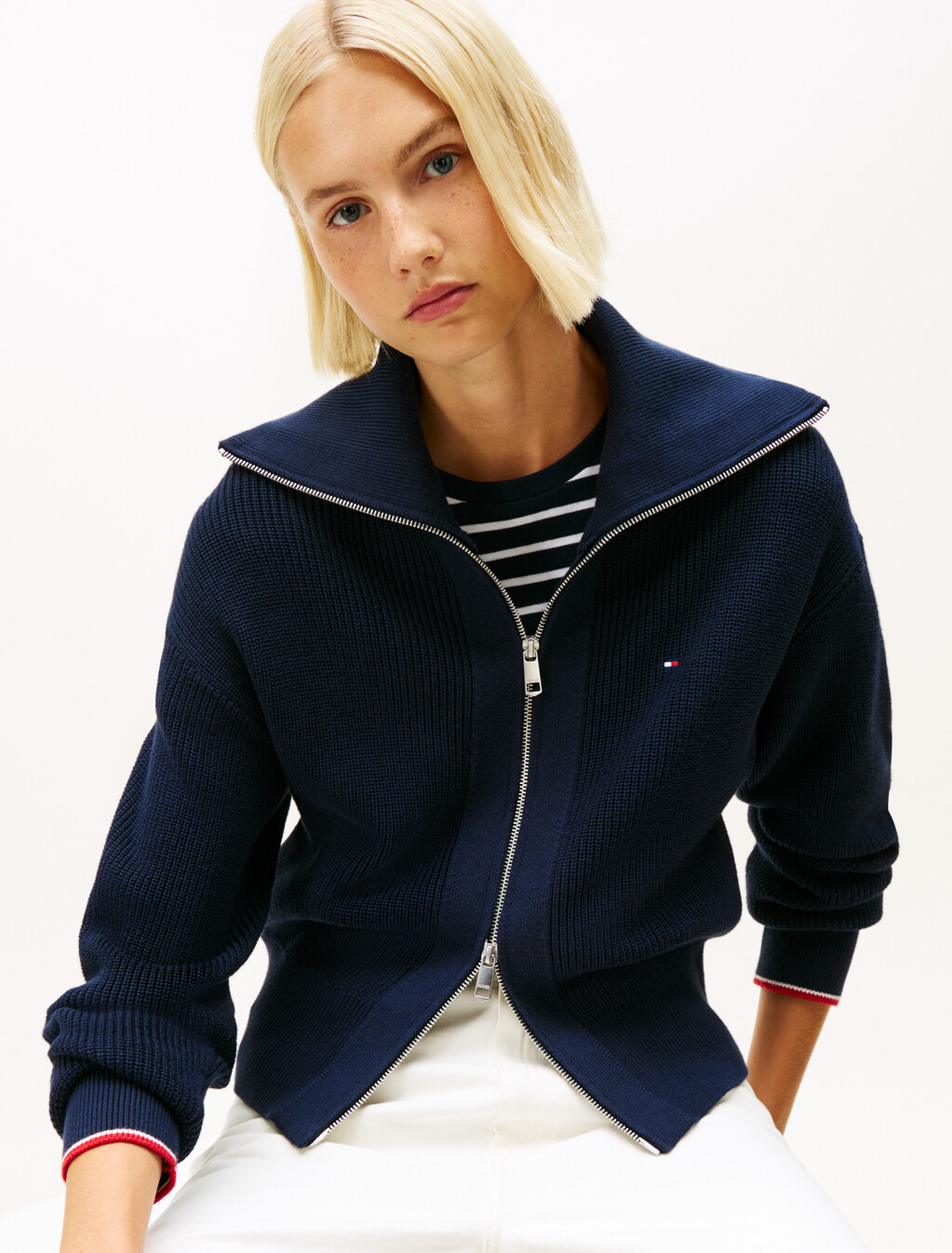 Double Zip Flap Collar Knit Cardigan, Dark Night Navy, hi-res