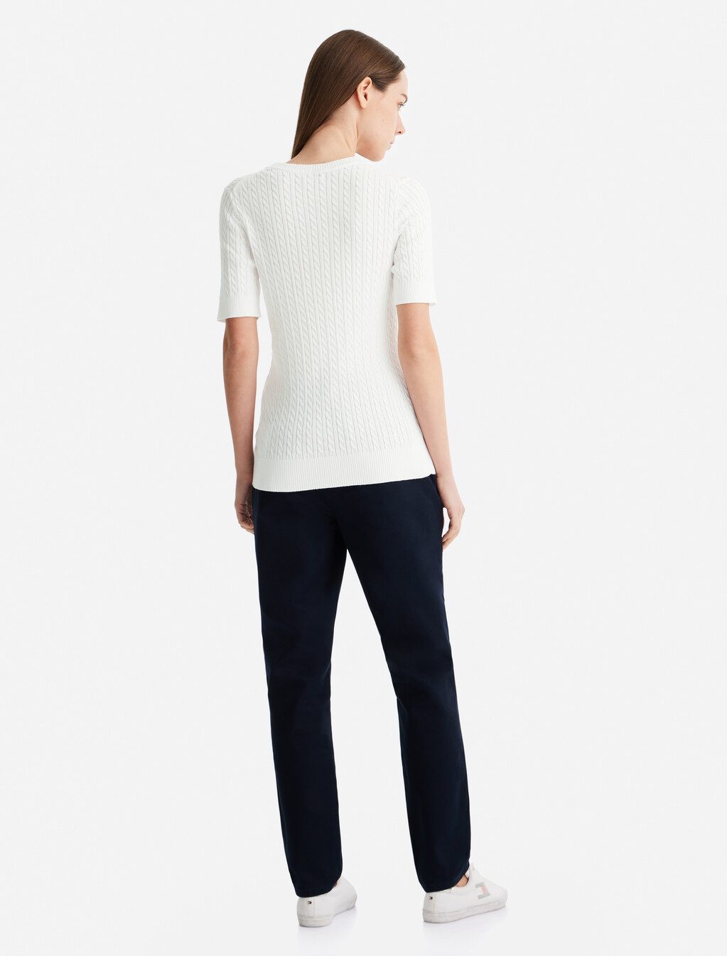 Cable Knit Short Sleeve Sweater, Ecru, hi-res
