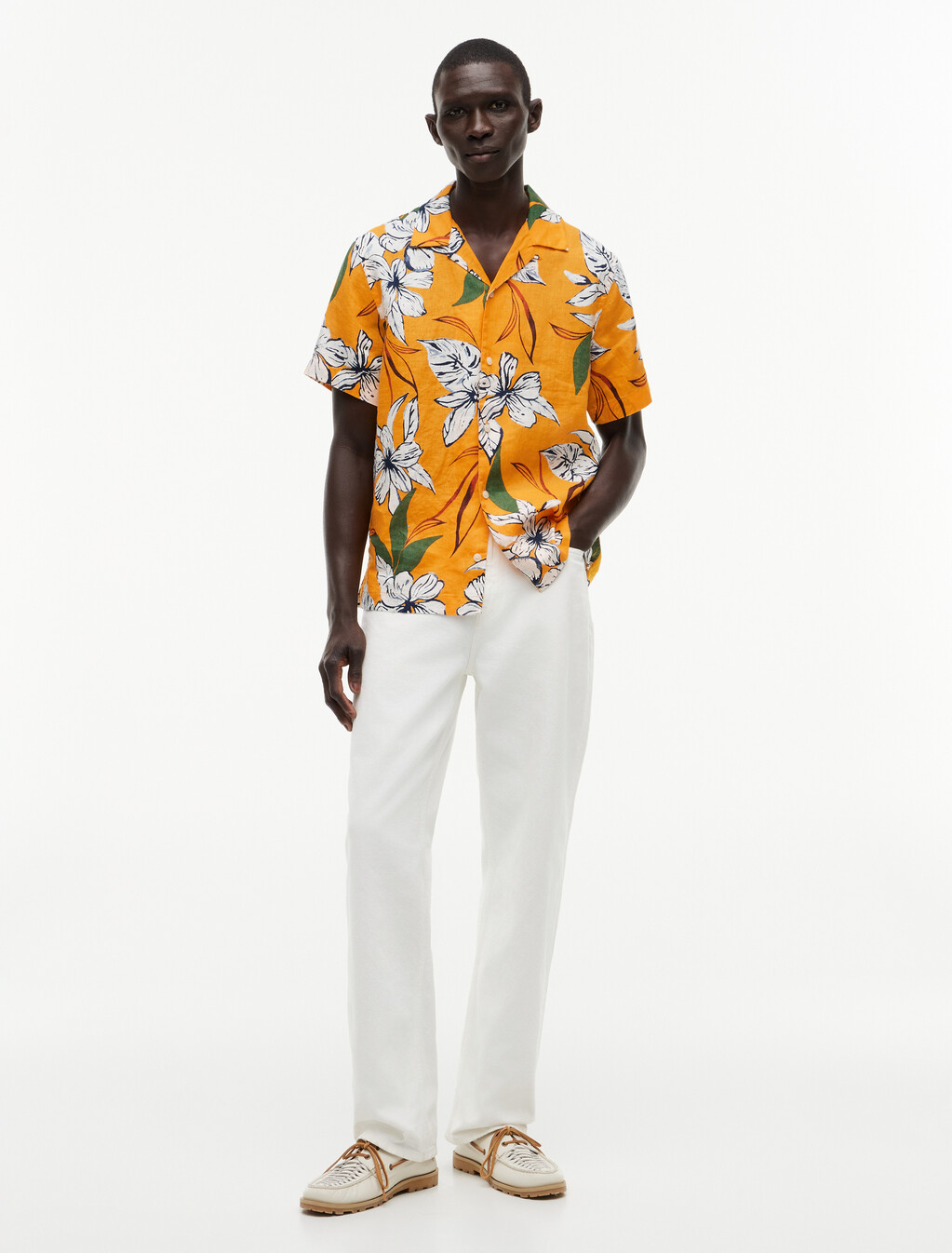 Regular Tropical Print Linen Short Sleeve Shirt, Orange Flash / Allover, hi-res