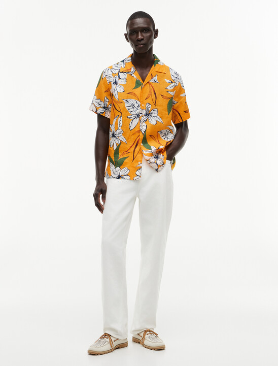 Regular Tropical Print Linen Short Sleeve Shirt