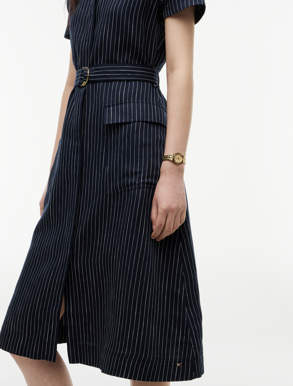 Stripe Belted Shirt Dress With Linen, Blue Stripe 15, hi-res