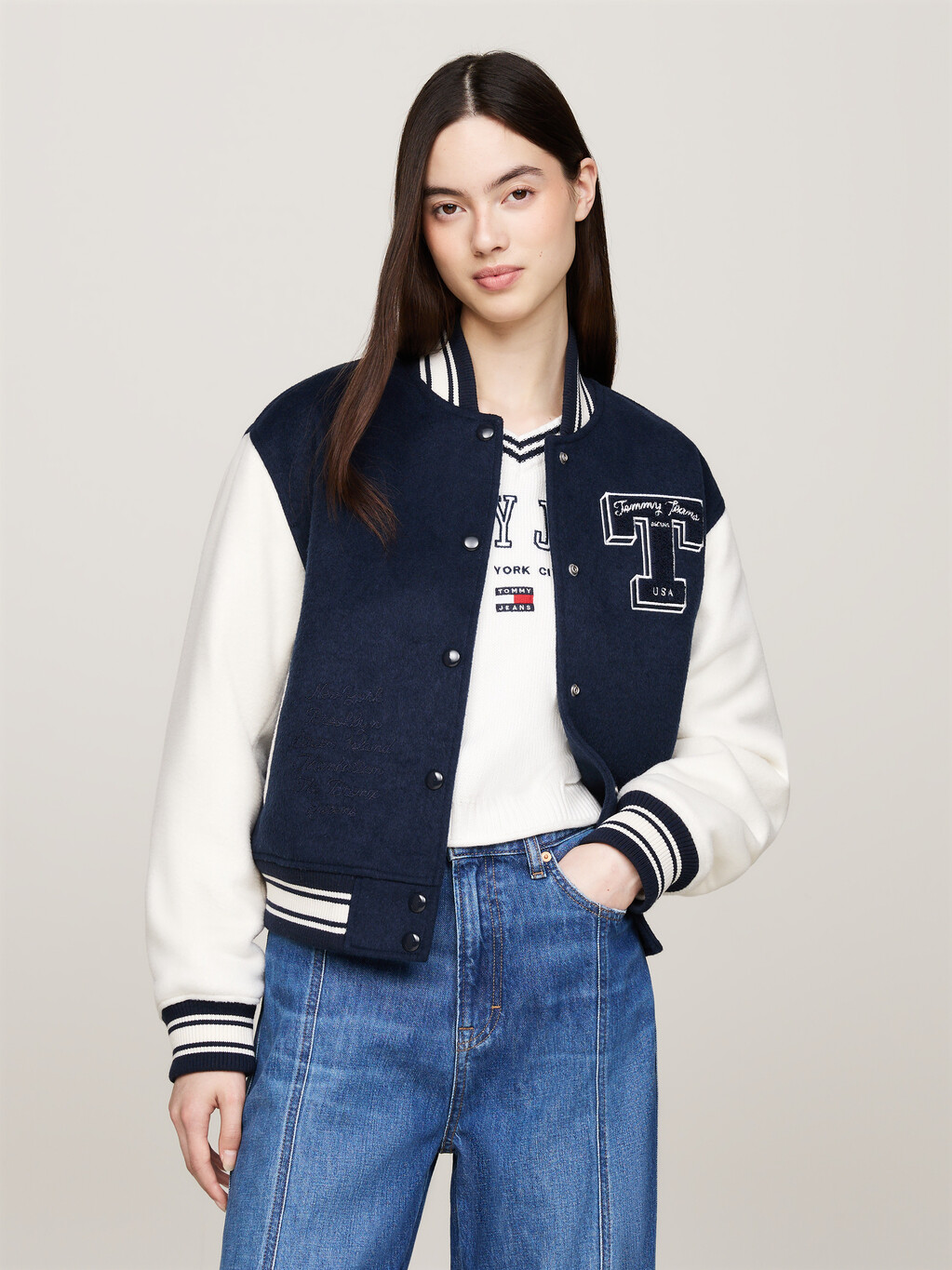 Tommy Prep Luxe Padded Letterman Jacket, Dark Night Navy, hi-res