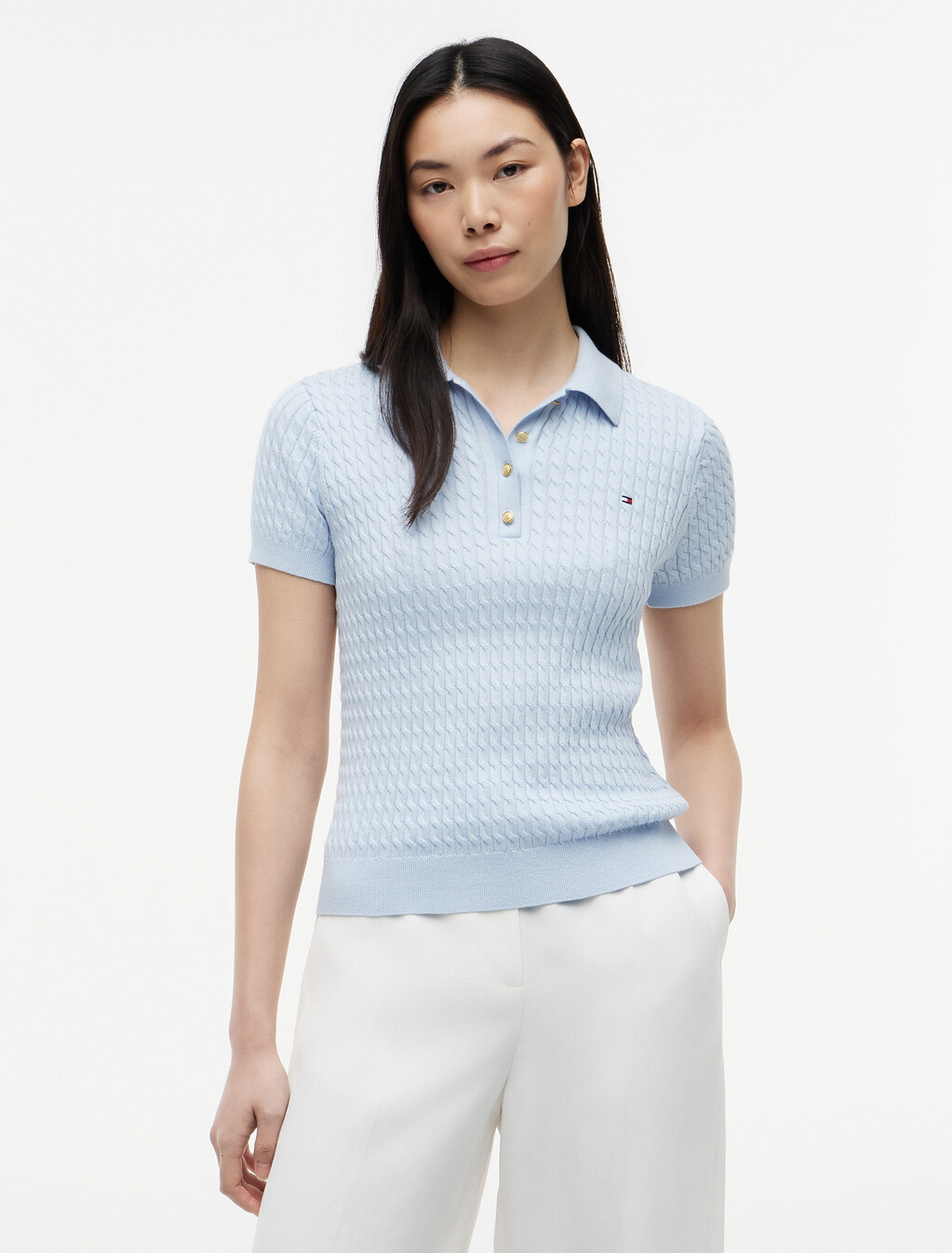 Fine Gauge Cable Knit Polo  Short Sleeve Jumper, Breezy Blue, hi-res