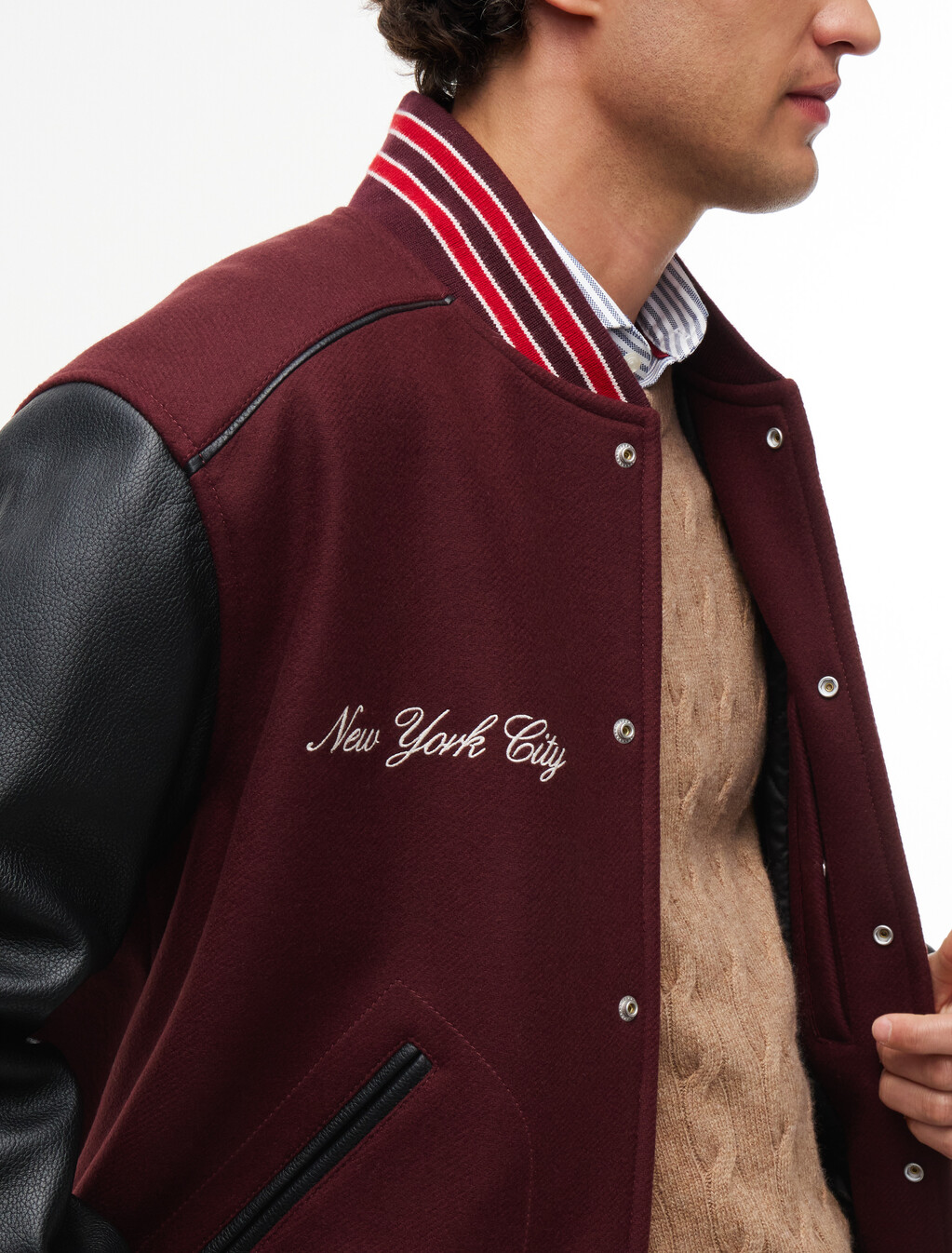 Wool Blend Varsity Jacket With Cashmere, Burgundy Velvet, hi-res