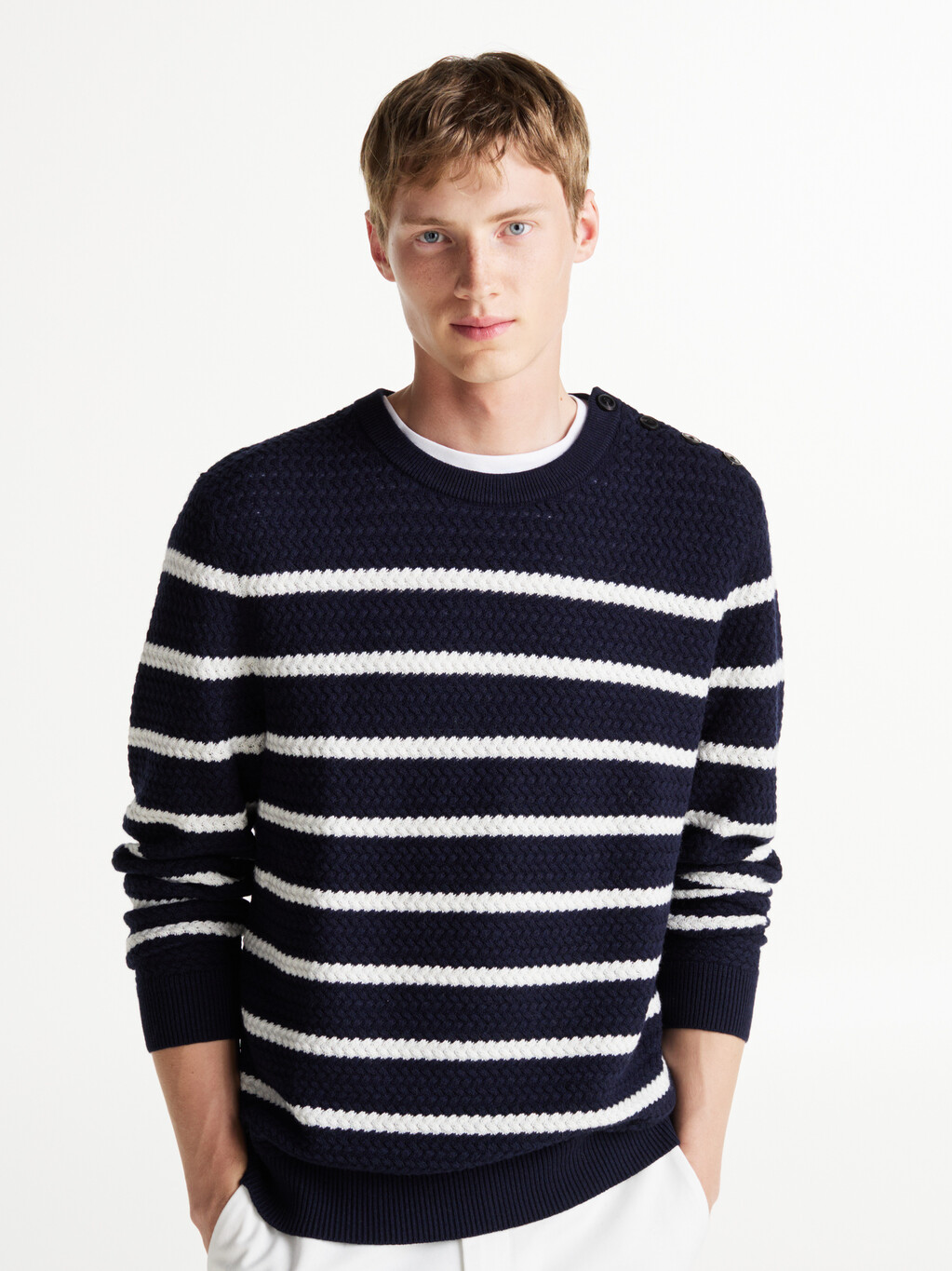 Smart Casual Stripe Wool Blend Jumper, Desert Sky/ Ivory, hi-res