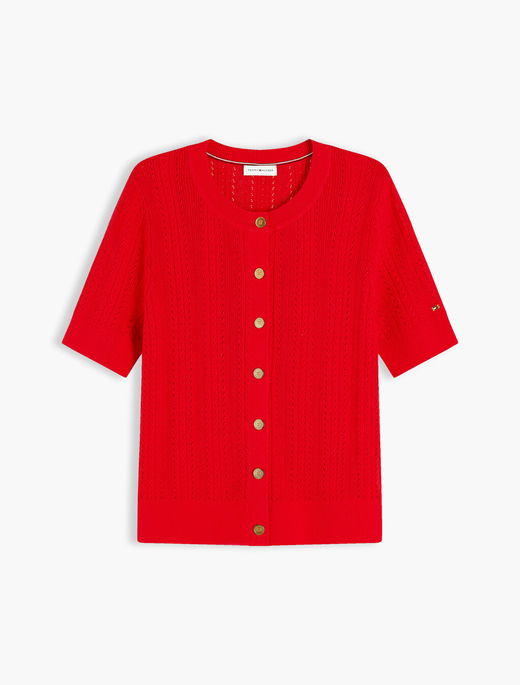 Pointelle Gold-Tone Button Short Sleeve Cardigan, Fire Red, hi-res