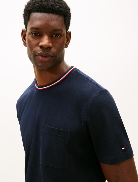 Stripe Trim Cotton Pique Pocket T-Shirt