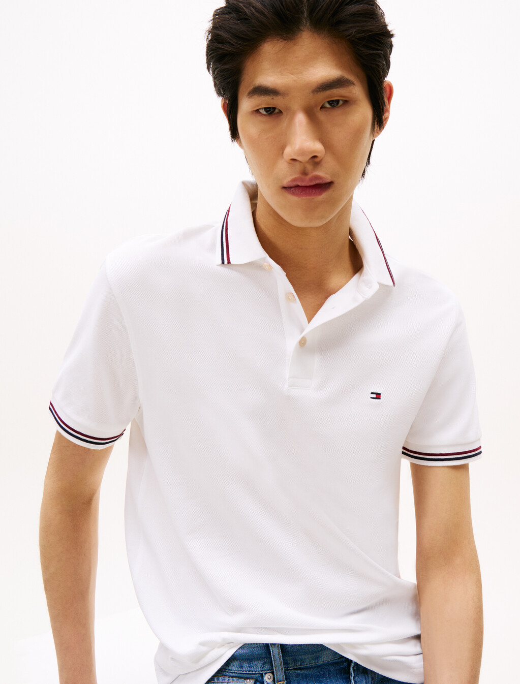 Tipped Slim Polo, White, hi-res