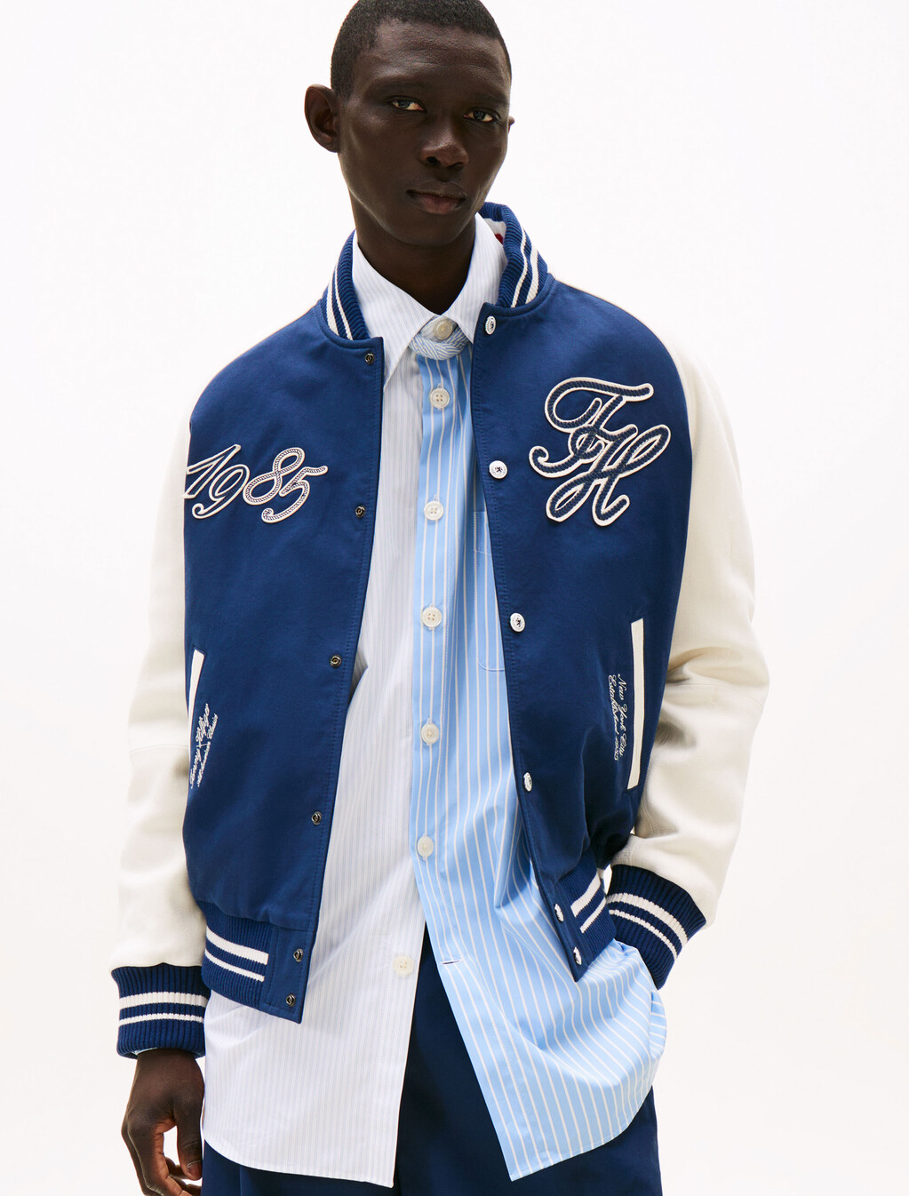 The Runway Collection Back Logo Varsity Jacket, Carbon Navy/Ecru, hi-res