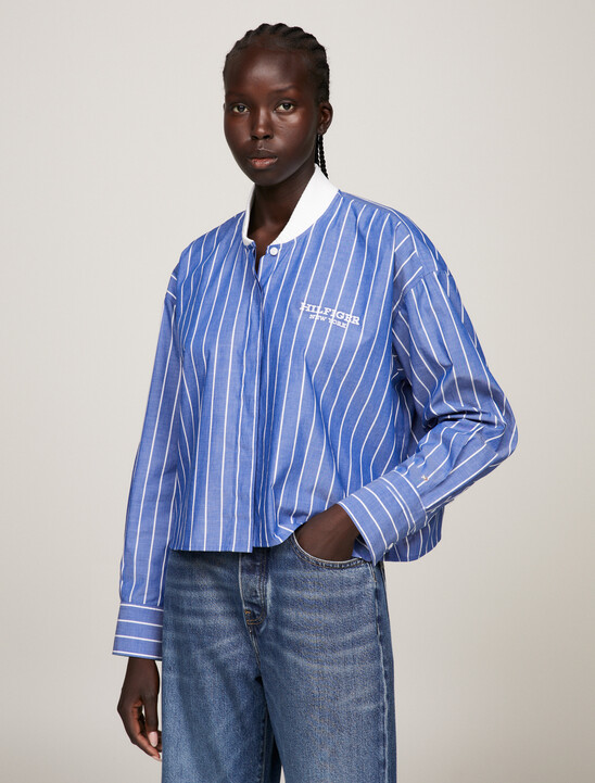 Baseball Stripe Rib-Knit Collar Cropped Shirt