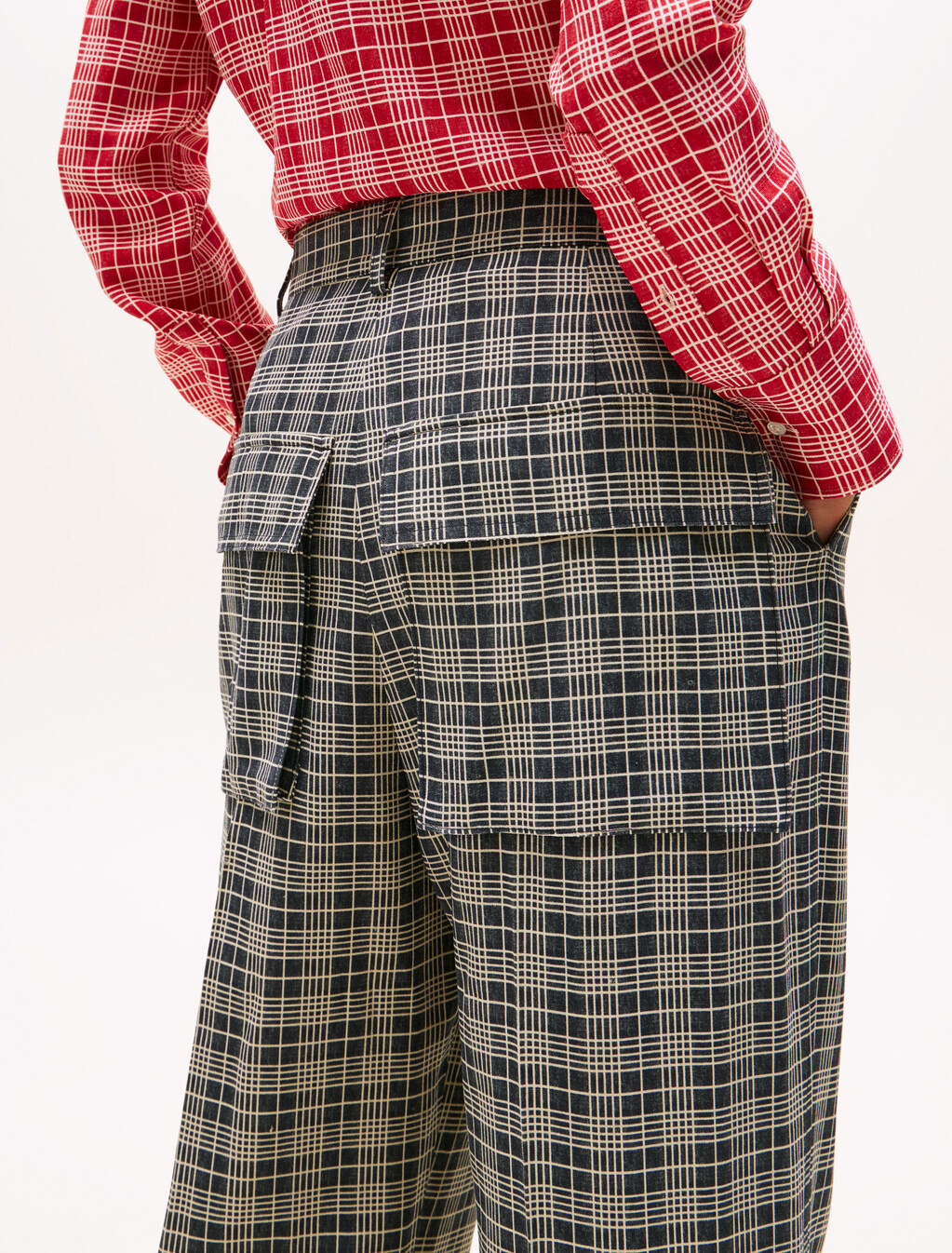 The Runway Collection Oversized Tailored Cargo Trousers, Navy Cream Check, hi-res