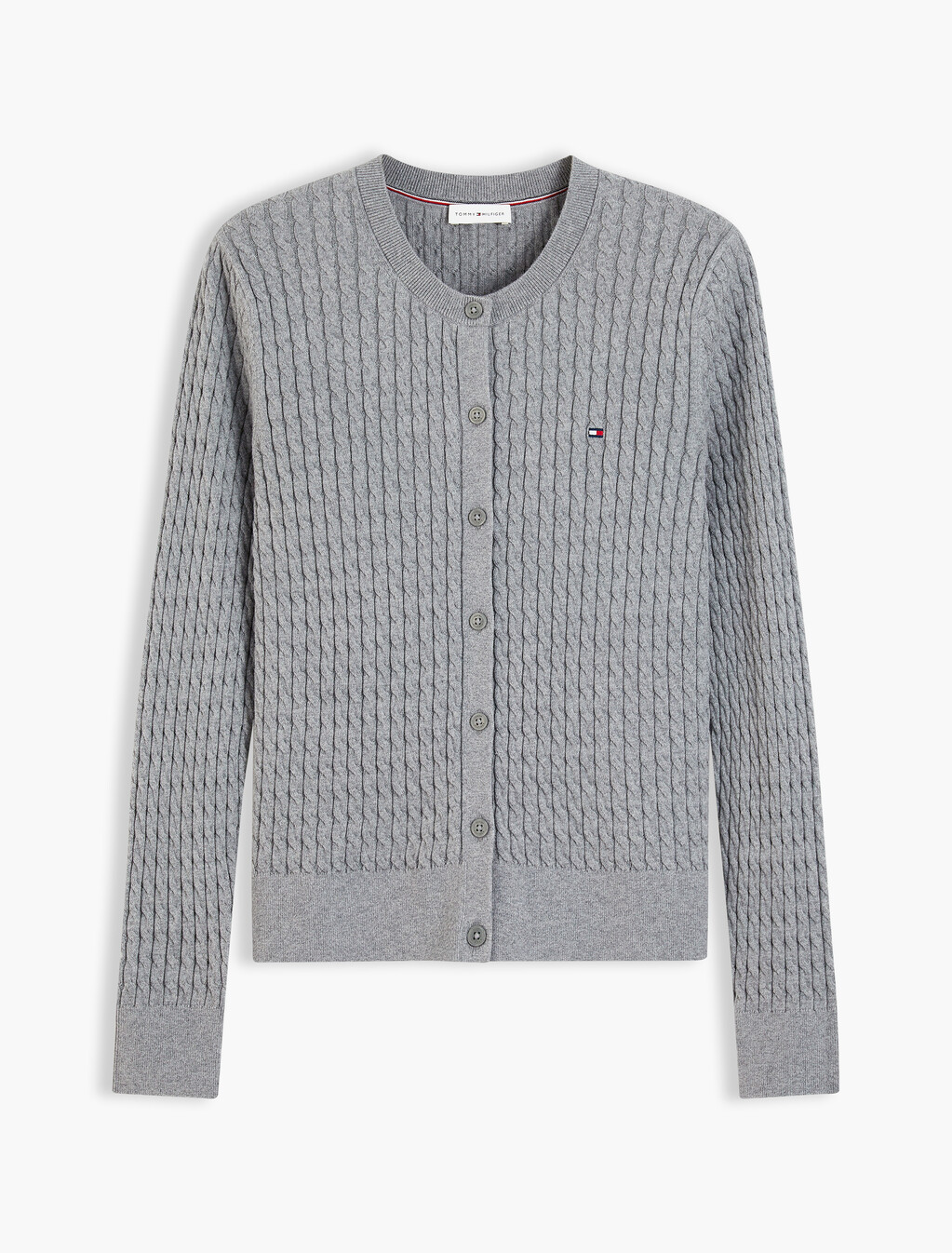 Cable Knit Crew Neck Cardigan, Medium Grey Heather, hi-res
