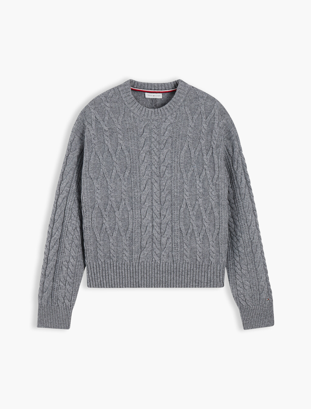 Relaxed Cable Knit Jumper With Silk, Medium Grey Heather, hi-res