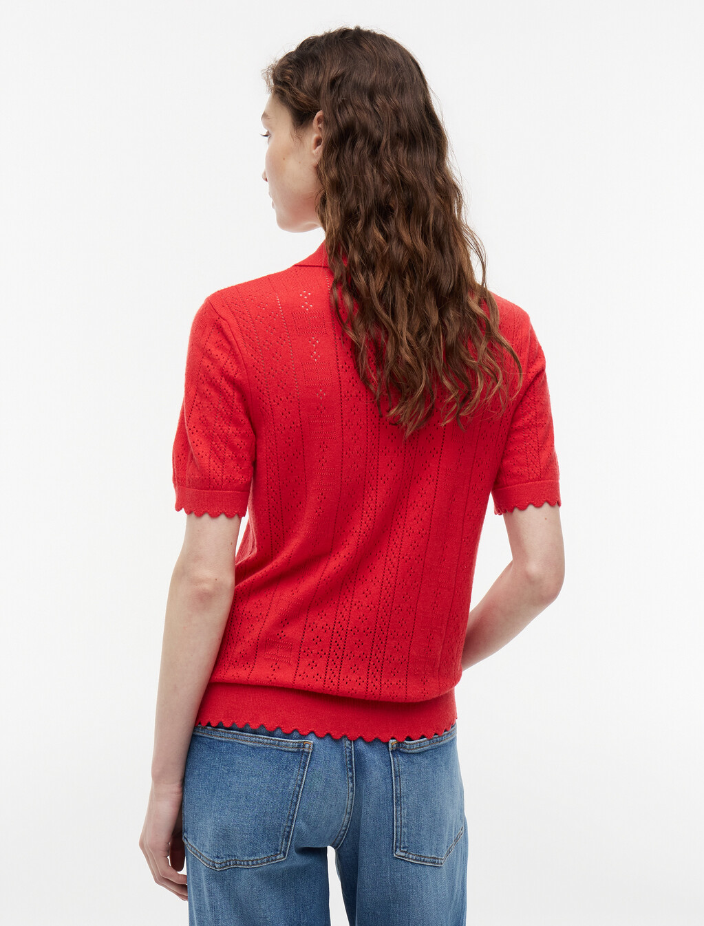Pointelle Flag Short Sleeve Polo Jumper, Amaryllis Red, hi-res