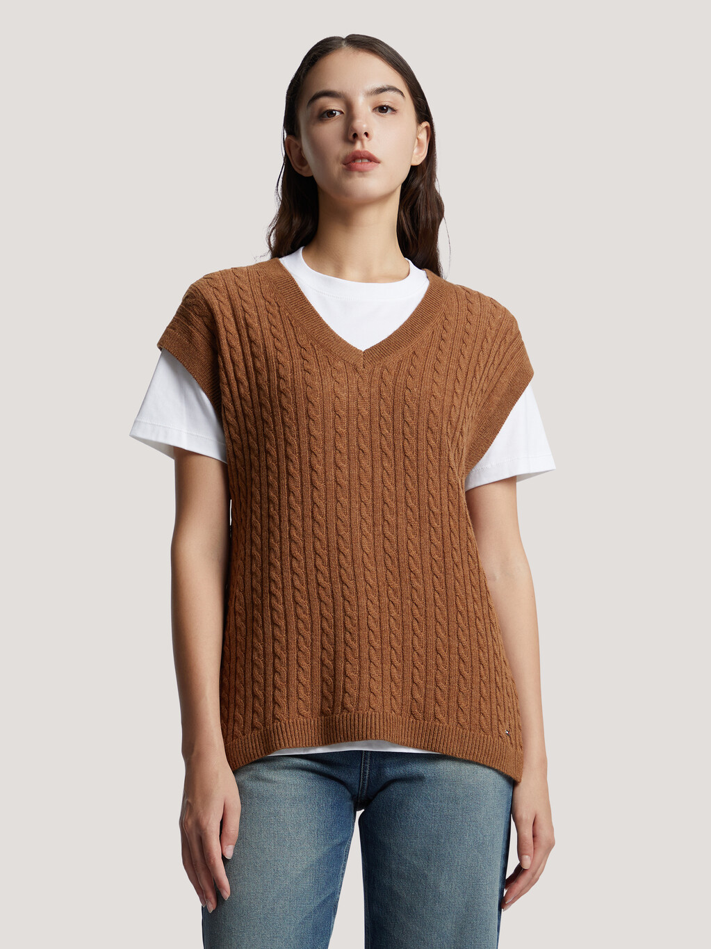 Soft Wool Cable Knit Vest, Natural Cognac, hi-res