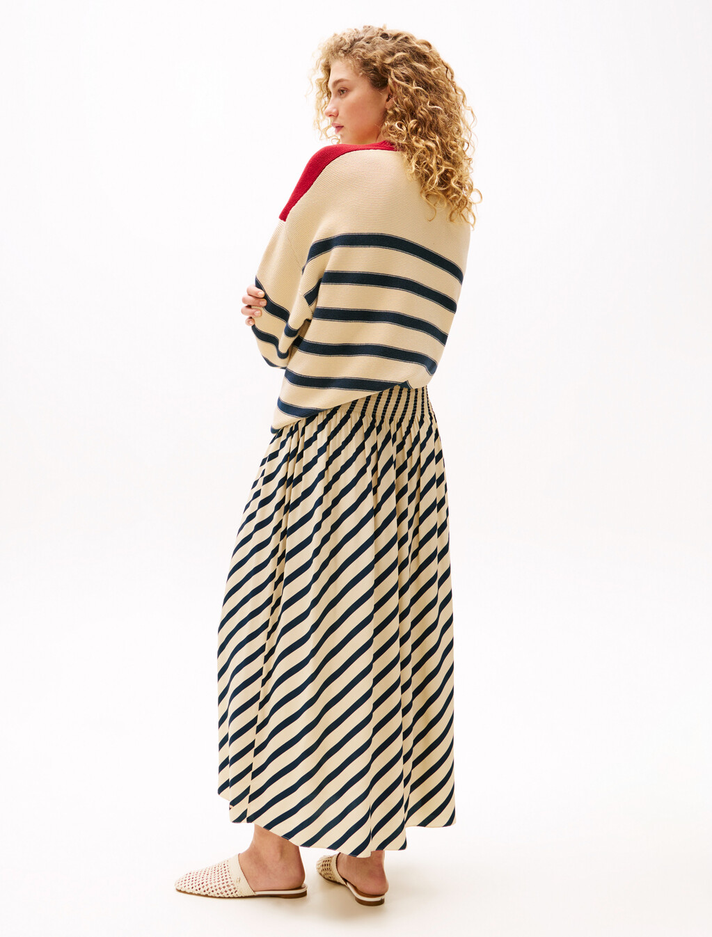 The Sofia Capsule Pleated Maxi Skirt, Dark Night Navy Stripe, hi-res