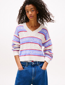 Tommy Flag Relaxed Logo Stripe Jumper, Ancient White / Stripe, hi-res