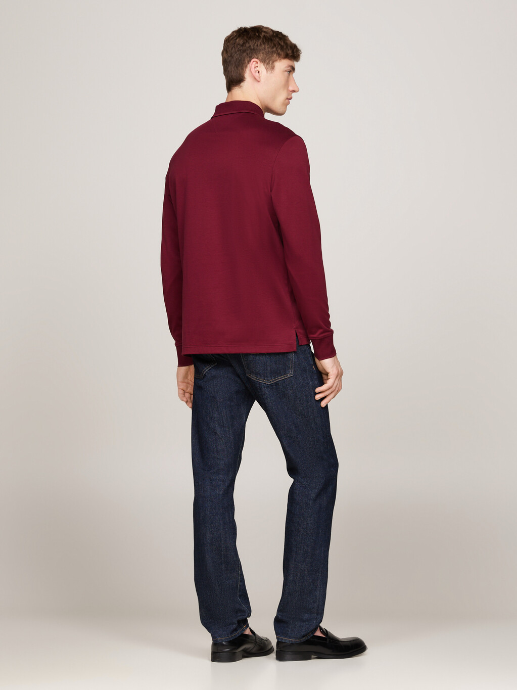 Jacquard Long Sleeve Polo Shirt, Deep Rouge, hi-res