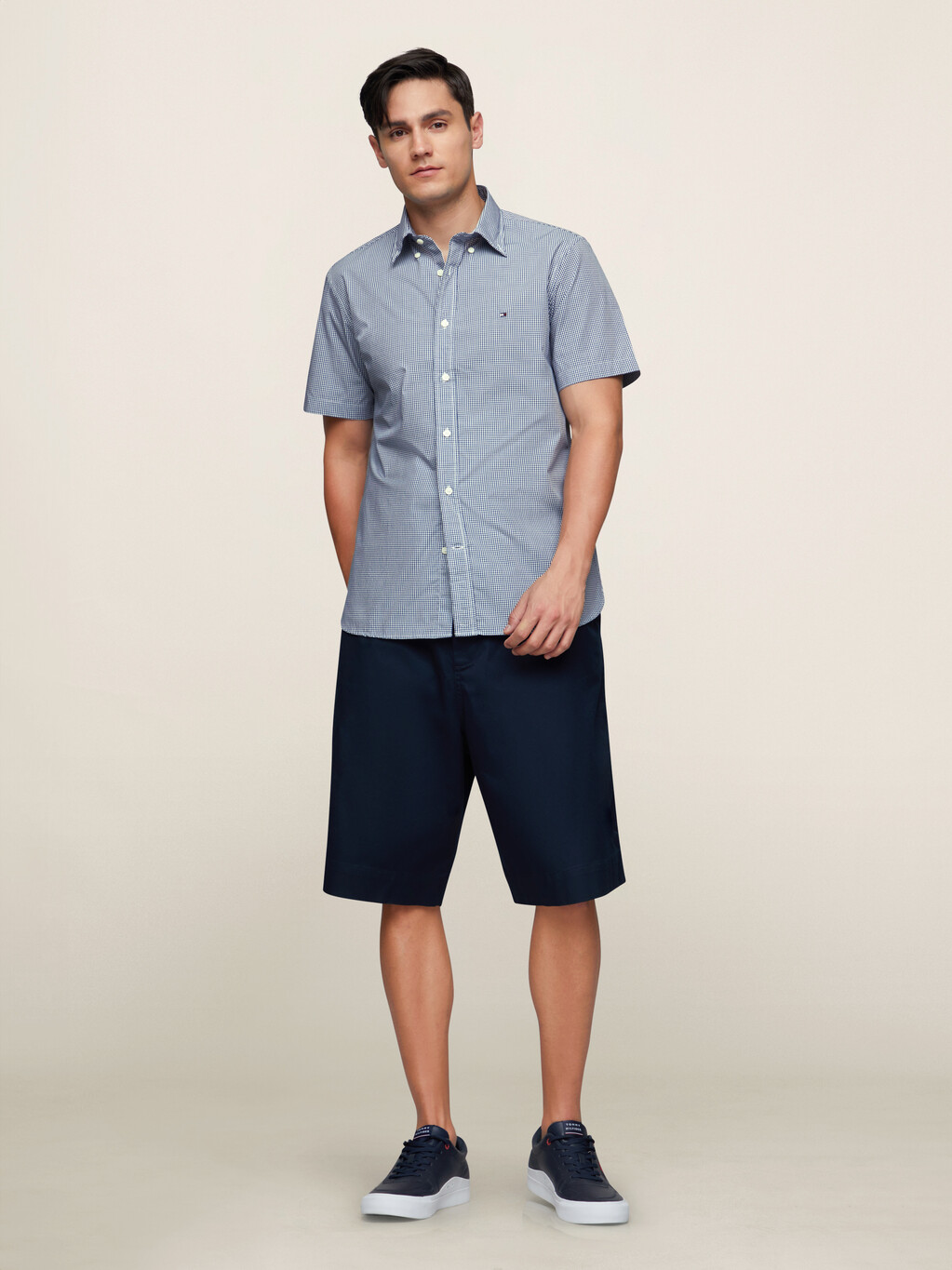 Micro Gingham Check Button Down Short Sleeve Shirt, Blue Check, hi-res