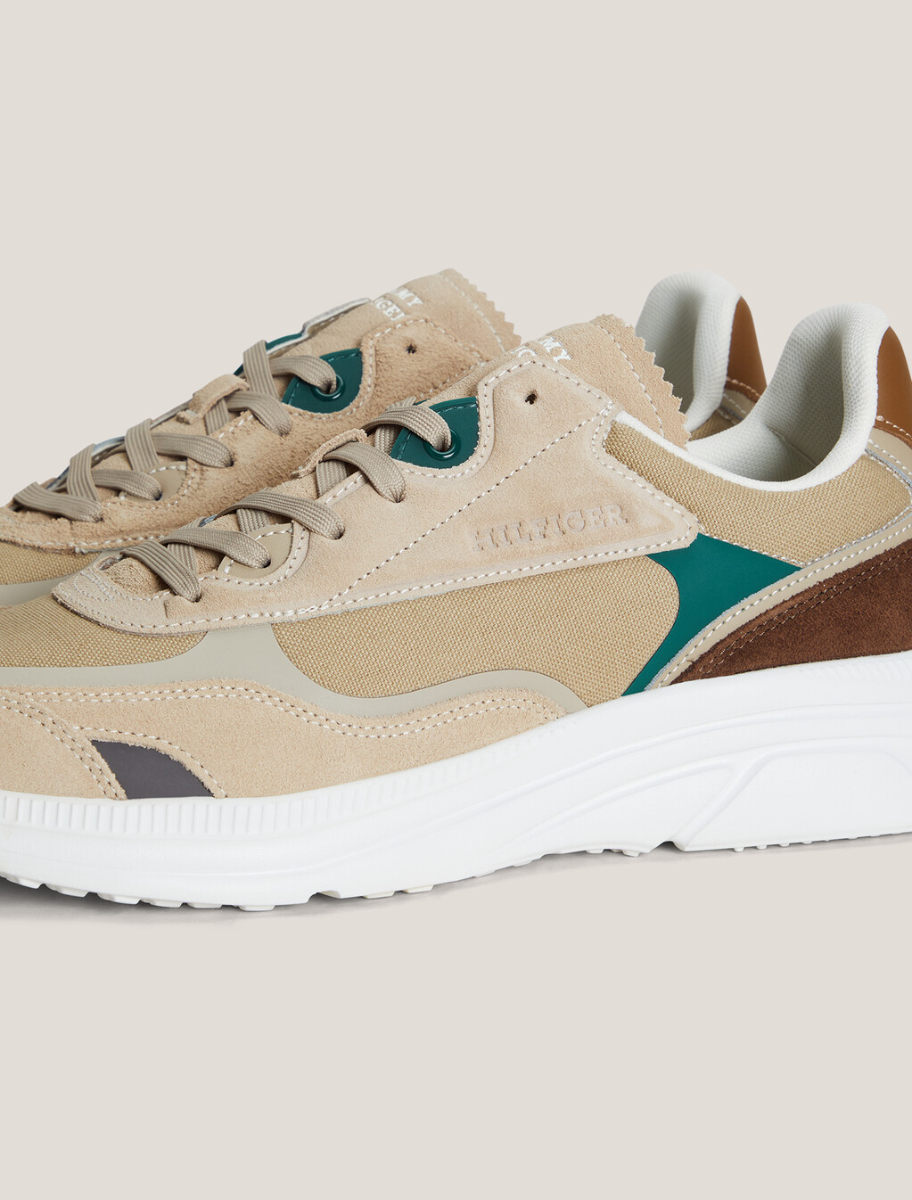 Suede Logo Debossed Runner Trainers, Beige, hi-res