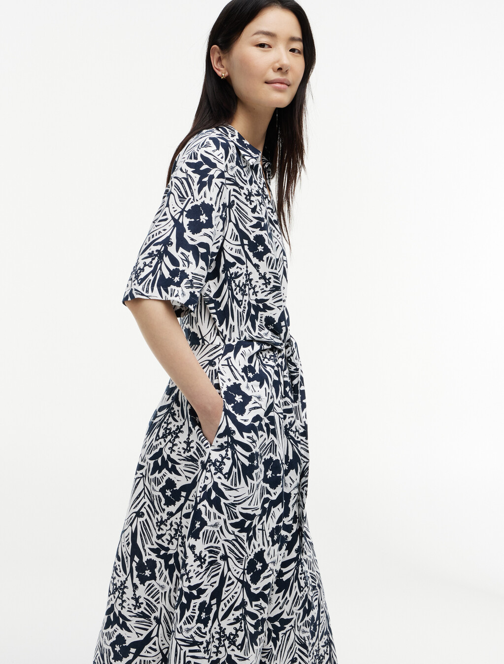 Linen Viscose Knot Dress, Tropical Floral/ Navy, hi-res