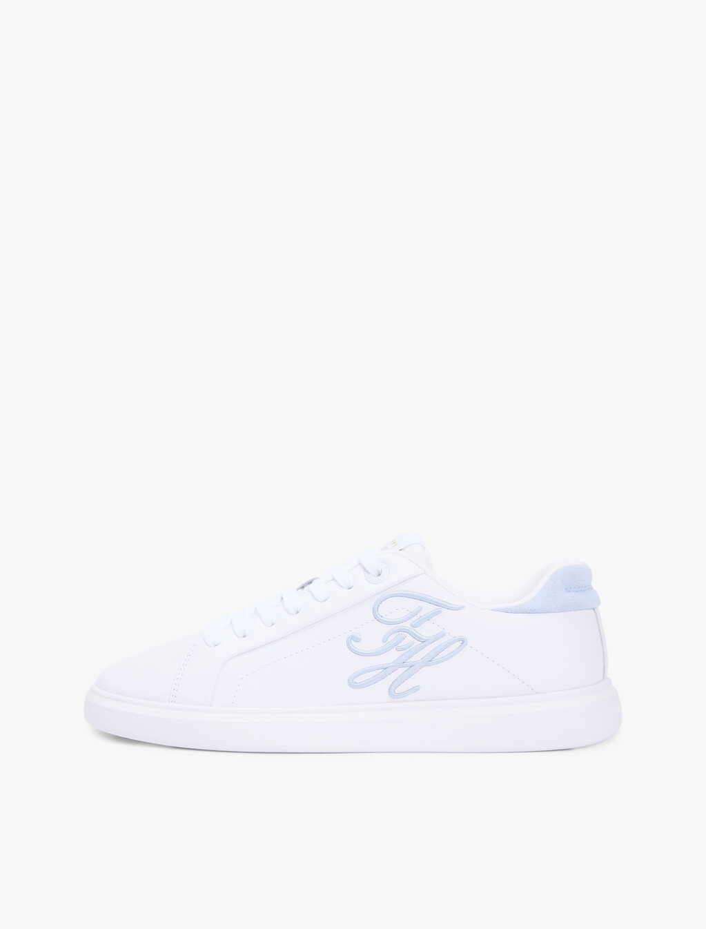 Hilfiger Icon Leather Logo Embroidery Court Trainers, White/Breezy Blue, hi-res
