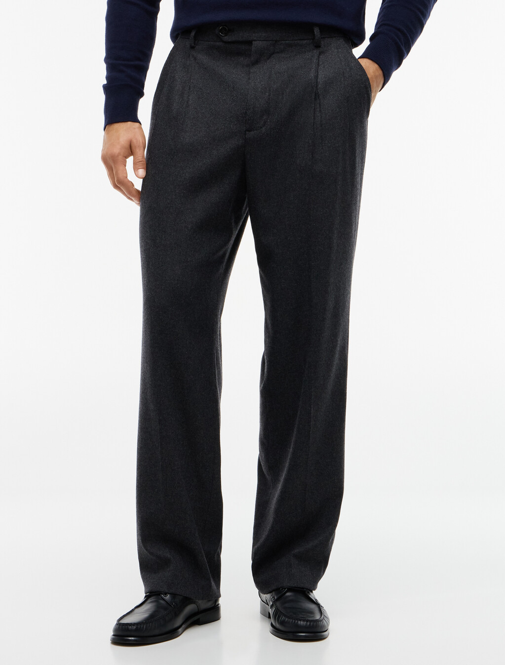 New York Label Wool Blend Flannel Trousers, Dark Grey Heather, hi-res