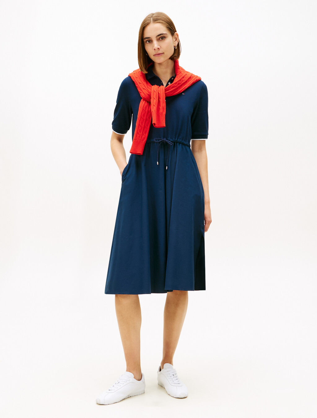 Mixed Media Midi Polo Dress, Dark Night Navy, hi-res