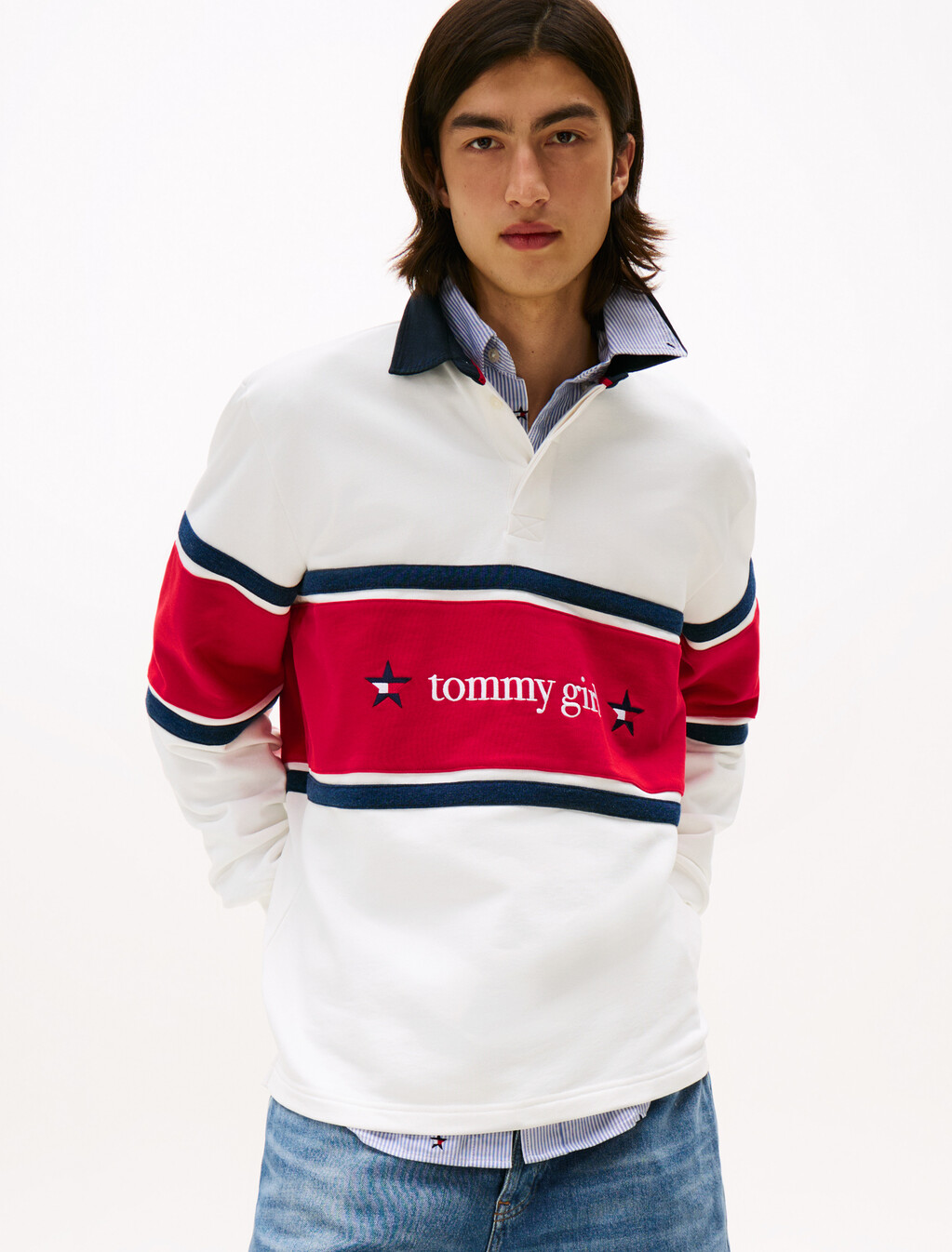 Tommy Girl Back Logo Relaxed Stripe Rugby Shirt, Ecru, hi-res