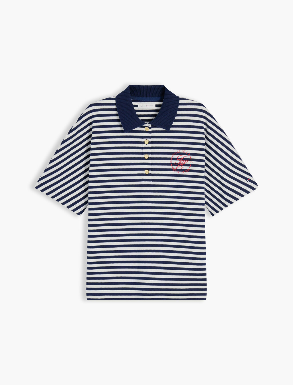 Regular Fit Gold-Tone Button Polo Shirt, Breton Stripe Dark Night Navy/Ecru, hi-res