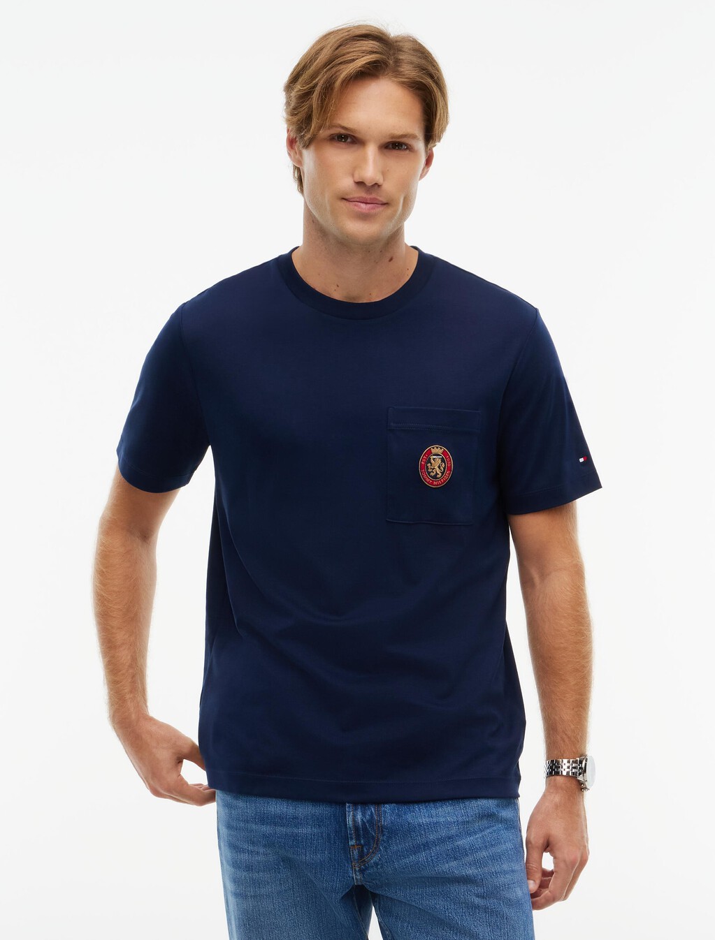 Crest Pocket Fluid Cotton T-Shirt, Carbon Navy, hi-res