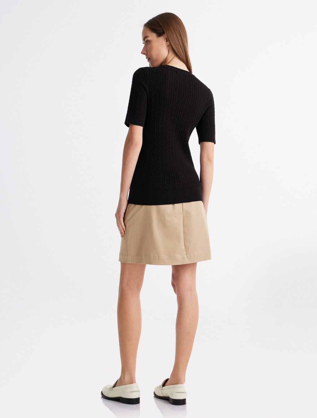 Cable Knit Short Sleeve Sweater, Black, hi-res
