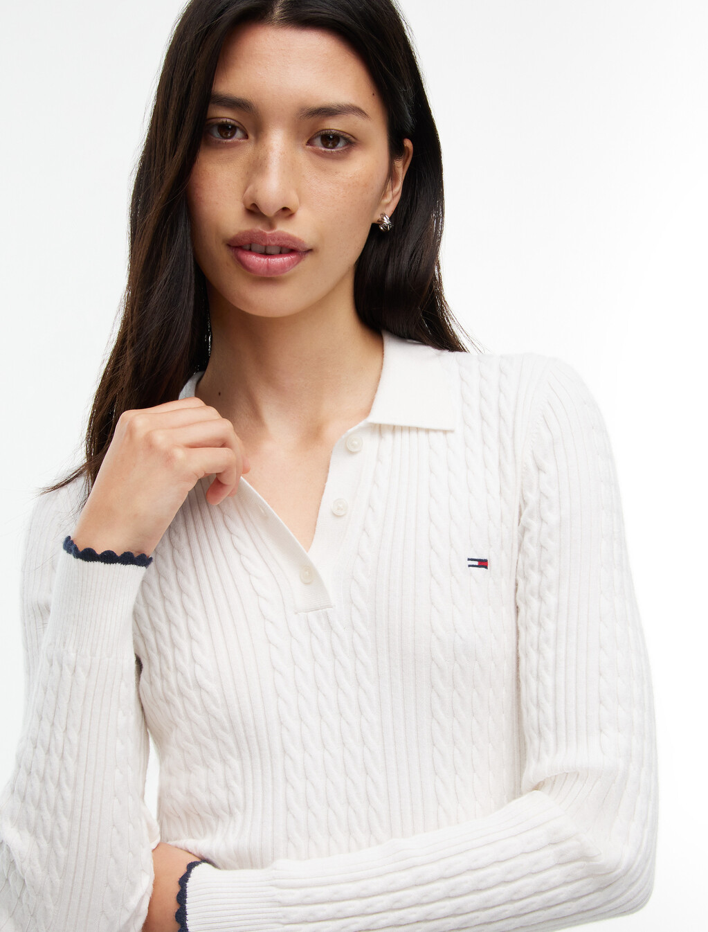 Micro Cable Knit Slim Polo Jumper, Off White, hi-res