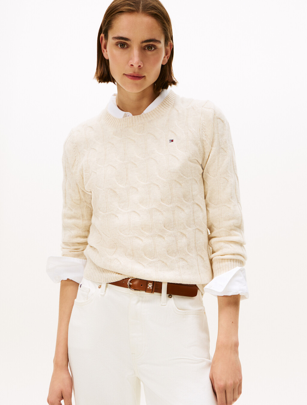 Pure Wool Cable Knit Jumper, Heather Oatmilk, hi-res