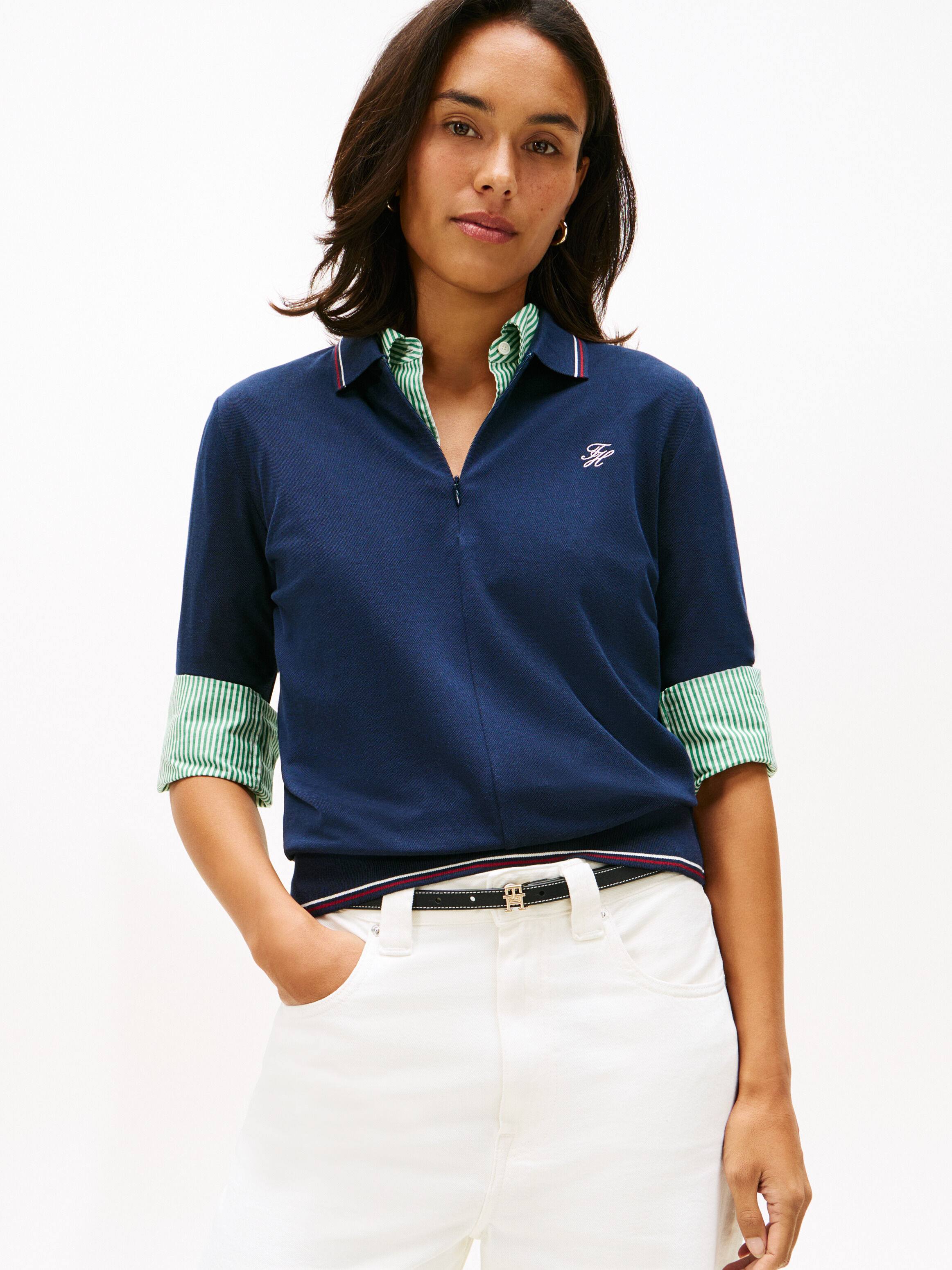 [Miki] POLO ネイビー M Regular Fit Pique Zip Polo Shirt | blue | Tommy Hilfiger Singapore