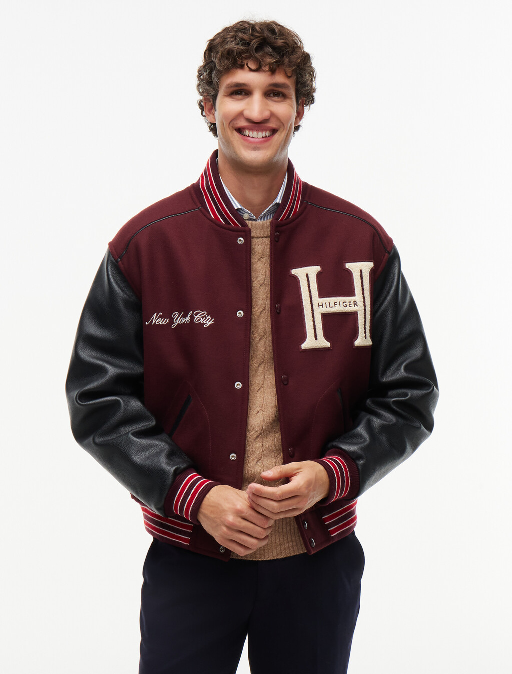 Wool Blend Varsity Jacket With Cashmere, Burgundy Velvet, hi-res